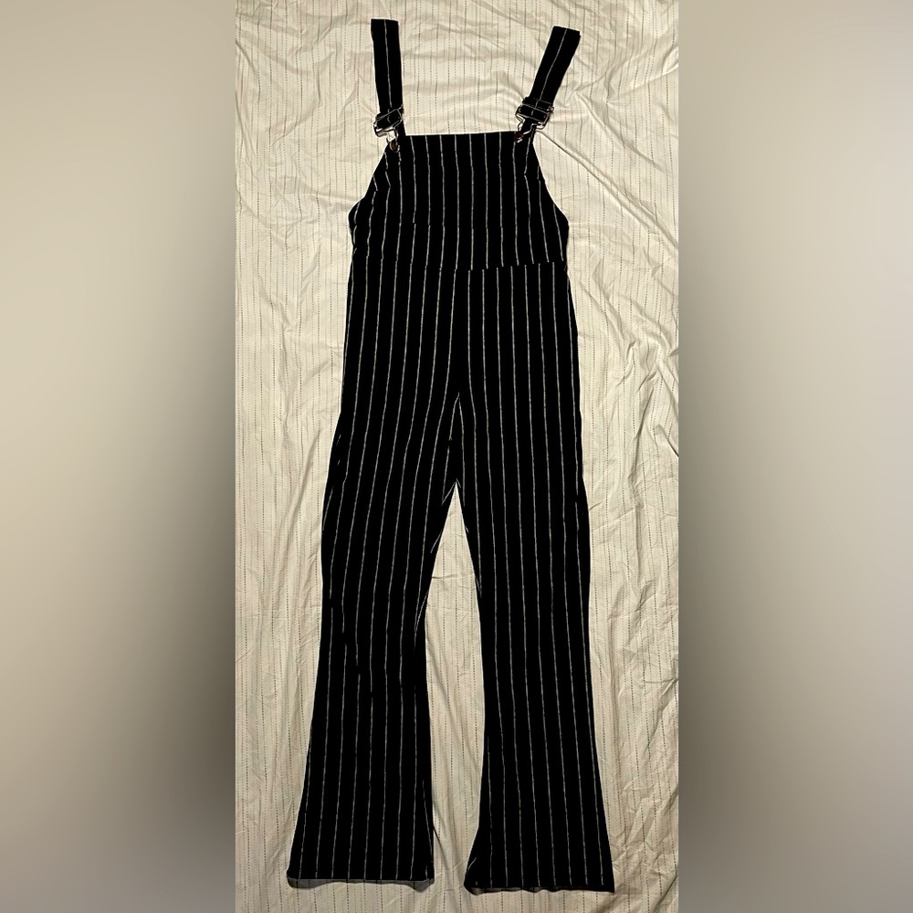 Almost Famous wide leg striped black and white overall jumpsuit (M)
